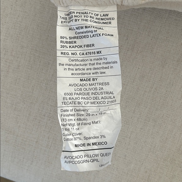 Avocado Organic Pillow with Natural Latex and Kapok Fill, QUEEN, NWOT OPEN box - Picture 8 of 9